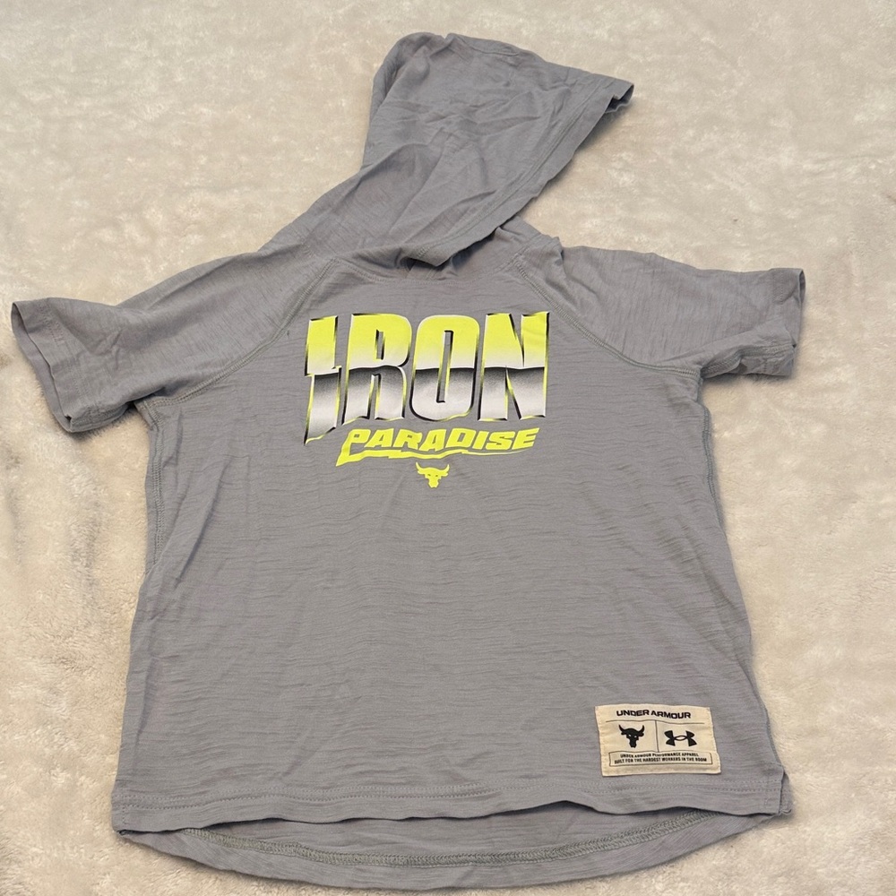 Under Armour Light Gray Hoodie Tee with Neon Graphic